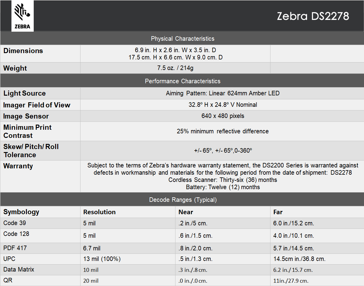 Zebra DS2278 Scanner Specification